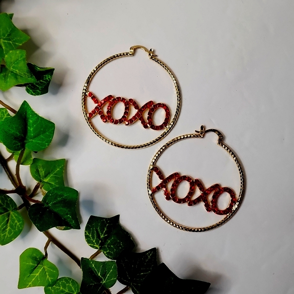 Gold Filled Hoop Earrings XOXO Red Crystals